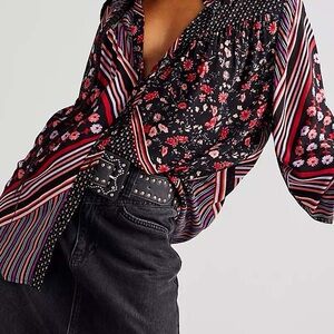 Free People Black and Red Floral Blouse